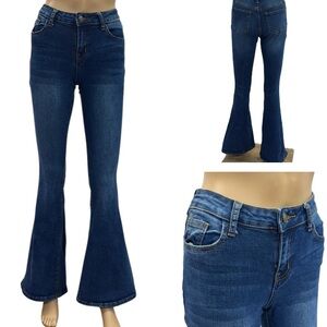 Fashion Nova Flare Bell Bottom Mid Rise Stretch Denim Blue Jeans Womens 0